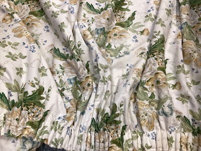 Lot 687 - Pair cream and green floral curtains with gathered header