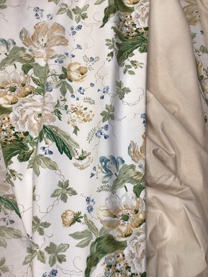 Lot 687 - Pair cream and green floral curtains with gathered header