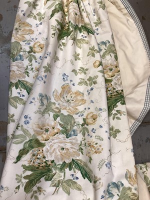 Lot 687 - Pair cream and green floral curtains with gathered header