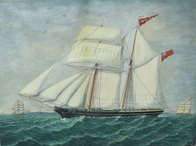 Lot 1375 - English School, 19th century, watercolour - The Schooner 'Jenny Lind' at sea, monogrammed W. G., 34cm x 46cm, in glazed frame