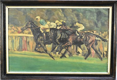 Lot 1283 - 20th Century French School, oil on panel, Detroit winning the Arc de Triomphe in 1980, 28cm x 44cm, in ebonised frame, together with David Hevelin, racing scene, pastel, 29cm x 20cm (2)