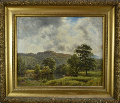 Lot 138 - English School, 19th century, oil on canvas, Landscape, signed with monogram, 43cm x 54cm, in gilt frame