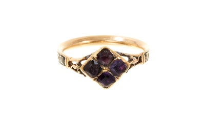 Lot 770 - George II gold amethyst and enamel mourning ring dated 1754