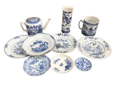 Lot 332 - Group of 18th and 19th century Chinese blue and white porcelain, including a teapot, tankard, vase, and seven plates and saucers