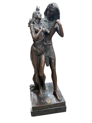 Lot 277 - Large bronze sculpture of two Egyptian lovers, on a square black marble/slate plinth, 74cm.