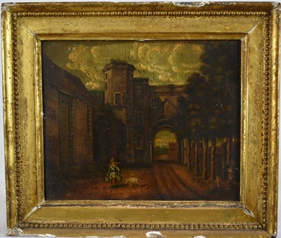 Lot 1373 - Continental School, 18th century, naive oil on panel - Milk Maid and attendant Pig in a walled town, 17cm x 21cm, in gilt frame