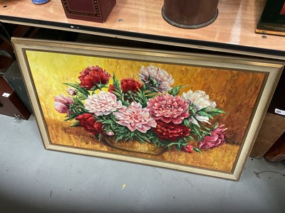 Lot 662 - A. Rolland, oil on board still life study of flowers, 53 x 93.5cm