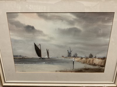 Lot 237 - Leslie Hardy-Moore watercolour, Broadland scene, signed, 38 x 57cm, glazed frame