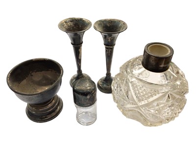 Lot 1110 - Pair miniature silver spill vases, small silver pedestal dish and two silver mounted glass scent bottles