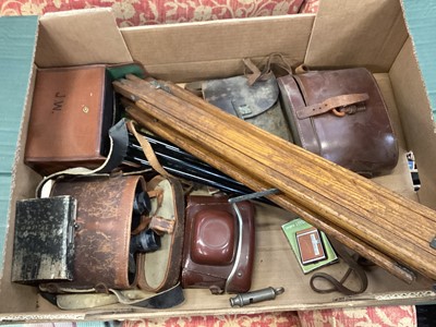 Lot 668 - Two pairs of binoculars in leather cases, cameras and sundries - 1 box