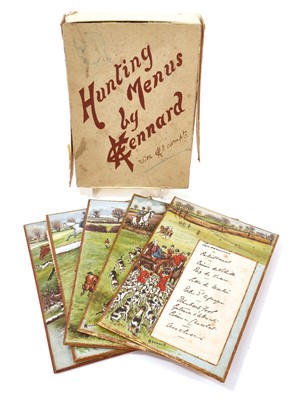 Lot 1204 - E. Kennard, charming group of eight watercolour menu cards decorated with hunting scenes, in orignal card box