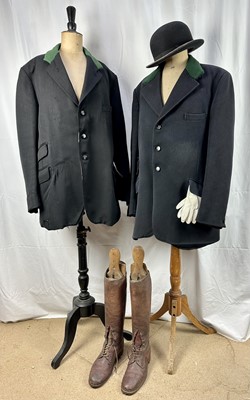 Lot 1207 - Two vintage black hunt coats with green collars, each with Essex Farmers Hunt buttons