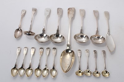 Lot 502 - Collection of William IV and Victorian silver fiddle pattern flatware with engraved Rokeby crest, to include basting spoon, sauce ladles and teaspoons, (various dates and makers), all at 22ozs.