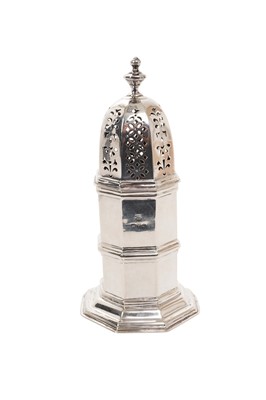 Lot 510 - Victorian silver lighthouse sugar castor of octagonal form, with pierced slip in cover