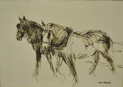 Lot 1272 - John Osborne (b.1939) pen and ink sketch - Heavy Horses, signed, 17.5cm x 24.5cm, in glazed gilt frame