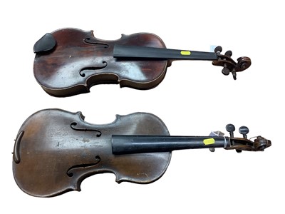 Lot 2201 - Two antique violins, one bearing label Stradivarius (2)