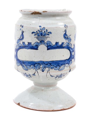 Lot 245 - An 18th century blue and white delftware apothecary drug jar