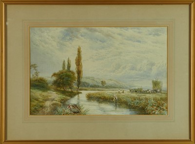 Lot 957 - Myles Birket Foster (1825-1899), watercolour - Haymaking beside the River, monogrammed, 32cm x 50cm, in glazed gilt frame