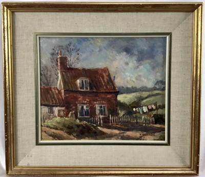 Lot 302 - Ralph Vron Jones (1921-2013) oil on board, landscape with cottage, signed, 24cm x28cm, in glazed frame