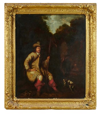 Lot 1504 - English School, 18th century, oil on panel, Sportsman with Spaniel, 61cm x 51cm, in ornate 19th century gilt frame