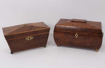 Lot 527 - Two 19th century sarcophagus form tea caddies, one in burr yew
