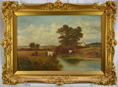 Lot 1363 - English School, late 19th century, pair of oils on canvas - Cattle Watering, indistinctly signed, 51cm x 76cm, in gilt frames