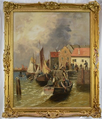 Lot 1364 - R. Monti, late 19th century, Continental School, pair of oils on canvas - Fisherfolk in a Harbour, signed, 79cm x 64cm, in gilt frames