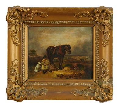 Lot 1500 - English School, early 19th century, oil on board, Travellers Resting, 16.5cm x 19.5cm, in gilt frame