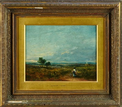 Lot 1499 - Attributed to David Cox Snr. (1783-1859), oil on panel, Figures in a Landscape, 19.5cm x 25cm, in gilt frame