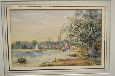 Lot 1230 - Attributed to Thomas Churchyard (1798-1865) watercolour - Bustling scene on the, 18.5cm x 29cm, in glazed gilt frame