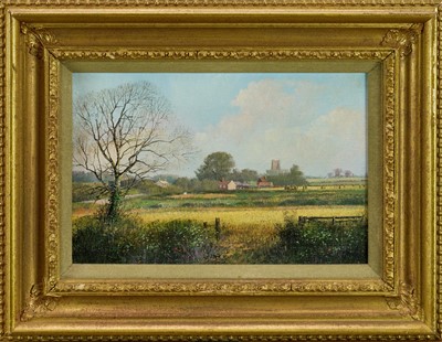 Lot 1142 - *Clive Madgwick (1939-2005) oil on canvas, Harvest Time near Lavenham, signed, dated 1985 verso, 20.5cm x 31cm, in gilt frame