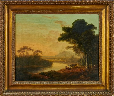 Lot 1498 - English School, late 18th/early 19th century, oil on canvas, River at Dusk, 36.5cm x 44.5cm, in gilt frame