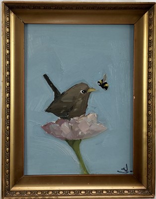 Lot 206 - Vivek Mandalia, oil on canvas board, a wren on a flower attended by a bee, 
monogrammed, also inscribed verso, in gilt frame, 31 x 23cm