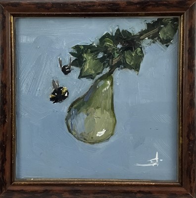 Lot 207 - Vivek Mandalia, oil on canvas board, a pear hanging from a branch with two bees buzzing round  
it, monogrammed also inscribed verso, 
in painted frame, 20 x 20cm