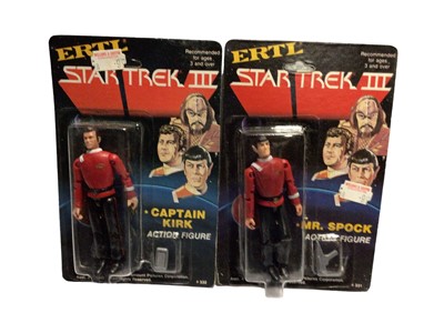 Lot 143 - ERTL Star Trek III 1980's 3 3/4" action figures including Captain Kirk No.332, Spock No.331, Scotty No.333 & Klingon Leader No.334, all on unpunched card with blister pack (4)