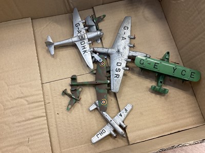 Lot 1835 - Dinky aeroplanes No. 60, Gloster Gladiator Biplane 60p, both empty boxes plus some unboxed aeroplanes including four engineed flying boat, Mayo Composite, Whitley Bomber and others (Qty)