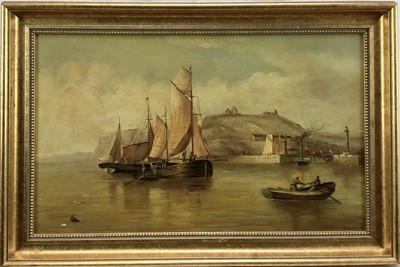 Lot 209 - Robert Severn, oil on board, a fishing vessel at the entrance to Whitby harbour, the abbey on cliffs beyond, signed and dated '88, in gilt frame, 27 x 44cm