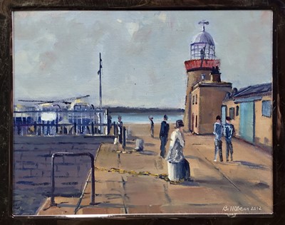 Lot 210 - Bill O'Brien, oil on canvas board, "A Rest at the Light House" Howth Dublin, signed and dated 2012, also inscribed verso, in 
silver frame, 19 x 24cm