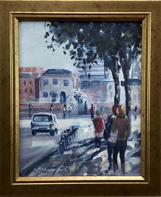 Lot 211 - Bill O'Brien, oil on canvas board, "Stop for a Chat" Liffey Street Dublin, signed and dated 2012, also inscribed verso, 
in gilt frame, 24 x 19cm