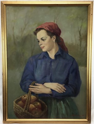 Lot 212 - Josef Bodis born 1915, oil on canvas, a pretty country girl holding a basket of apples, signed, in gilt frame, 70 x 50cm