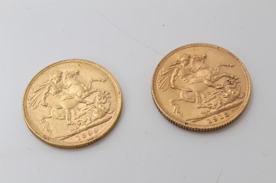 Lot 405 - G.B. - Gold Sovereigns to include Victoria OH 1899 GF and George V 1913 (N.B. Obv: Damaged) otherwise AVF