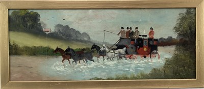 Lot 213 - Phillip H. Rideout (1860-1920), oil on board, a mail coach and four fording a river, 
signed, in gilt frame, 15 x 37cm