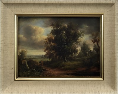 Lot 214 - Continental School, oil on panel, a wooded landscape with figures on a path by a  
cottage, indistinctly signed, in painted frame, 18 x 24cm