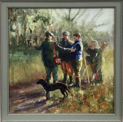 Lot 216 - English School, oil on board hunting party and their dog in a wooded landscape, in painted frame. 39 x 39cm