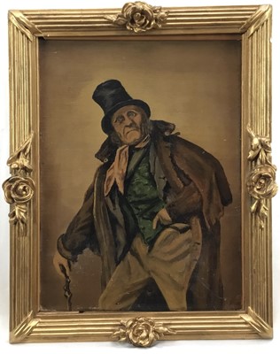 Lot 217 - Late 19th century English School, oil on canvas, tramp wearing a top hat in an ornate gilt frame, 31 x 24cm