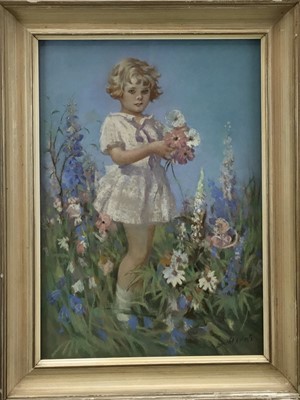 Lot 219 - Lancelot Roberts (1883-1980), pastels, pretty girl standing in a flower garden, in painted frame, signed. 60 x 41cm