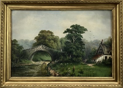 Lot 220 - George Edwards, oil on board, river landscape with a figure on a bridge by a  
cottage, signed, 33 x 49cm