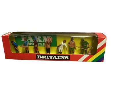 Lot 160 - Britains Farm models including Farm Family No.7153, Farm Gates (x4), Silver Birch Trees No.1806 (x4) & Yard Scraper No.9559, all in original packaging (10 items)