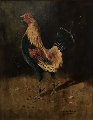 Lot 221 - Henry Hearing, oil on board, fighting cock, signed and inscribed Southwold, in gilt frame, 41 x 32cm