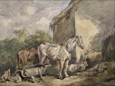 Lot 222 - Early 19th century English School, watercolours, horses standing by a stable, in gilt frame, 15 x 19cm